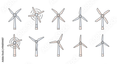 Illustrated collection of windmills with varying designs against a white background for eco themes