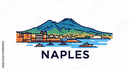 Stylized illustration of a coastal city with a prominent mountain backdrop and boats