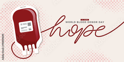World blood donor day - Blood bag with line stream  blood rolling to hope letter on dot texture background vector design
