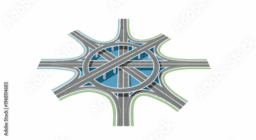 Stylized illustration of a complex, multi-level highway interchange with a circular central element