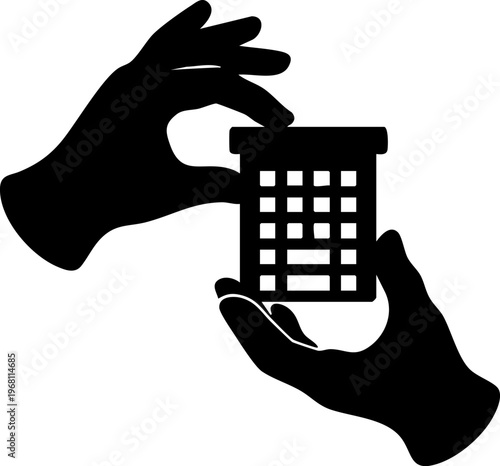 Hands holding pill organizer box with compartments for medication storage and daily dosage tracking.