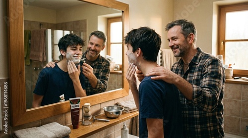 Father and son shaving together.