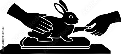 Hands holding rabbit during experiment with black background vector art.