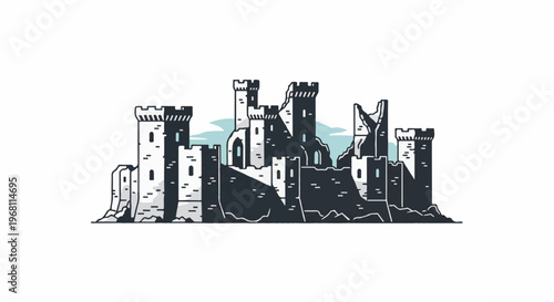 Stylized illustration of a dark, rugged castle ruins against a light blue sky
