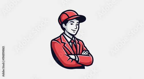 Stylized character in a red suit and cap, arms crossed