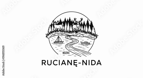 Stylized circular landscape featuring deer, forests, river with boats, and text below