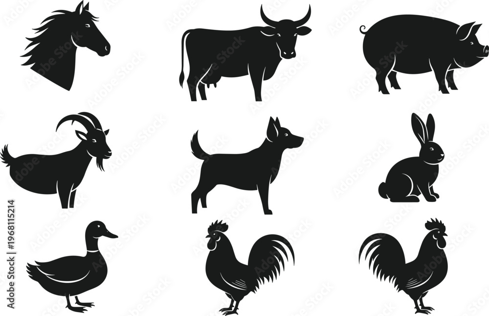 Fototapeta premium Black silhouette vector illustrations of farm animals including horse, cow, pig, goat, dog, rabbit, duck, rooster