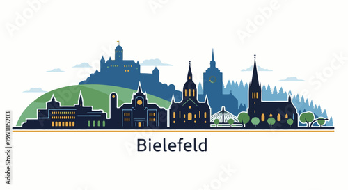 Stylized city skyline with historic buildings, a castle, and trees under a cloudy sky