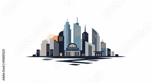 Stylized city skyline with modern skyscrapers and a dome building