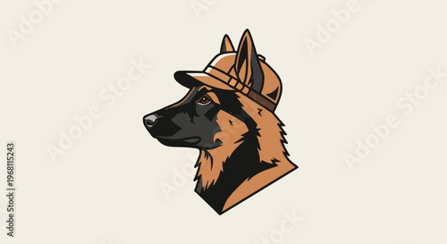 Stylized German Shepherd wearing a brown cap, depicted in profile