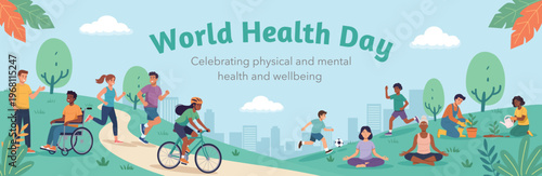 World Health Day Banner with People Exercising in a Park