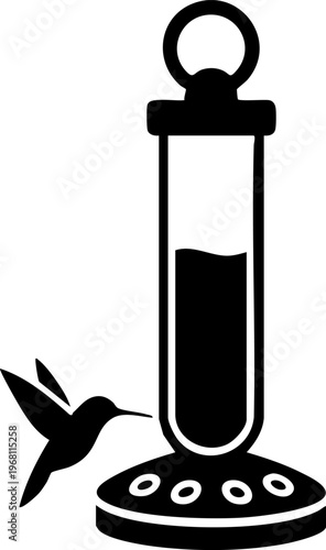 Hummingbird feeder with bird drinking nectar from tube shaped container science experiment illustration.