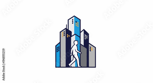 Stylized city skyline with silhouette of person walking