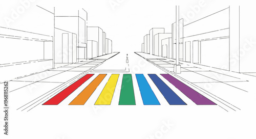 Stylized city street with rainbow crosswalk