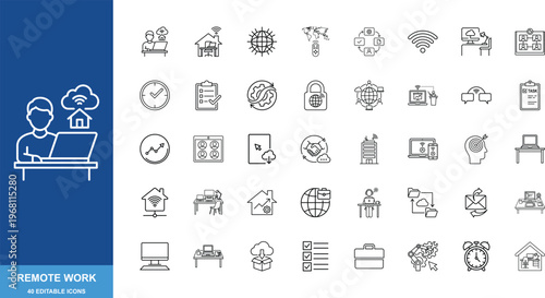 Remote work icon set, 40 editable line icons for home office and digital nomad lifestyle, professional business telecommuting vector symbols