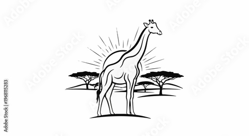Stylized giraffe silhouette against a sunburst and acacia trees