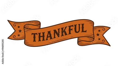 Charming rustic hand-drawn scroll banner proudly displaying the word 'Thankful', perfect for conveying gratitude during holiday seasons and special occasions