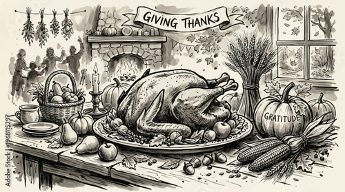 Traditional Thanksgiving Harvest Feast Illustration with Family Gathering in a Warm Festive Setting, Celebrating Gratitude and Abundance in a Classic Style
