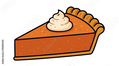 Delicious vector illustration of a single slice of classic pumpkin pie, generously topped with creamy whipped cream, embodying the flavors of autumn and holiday celebrations