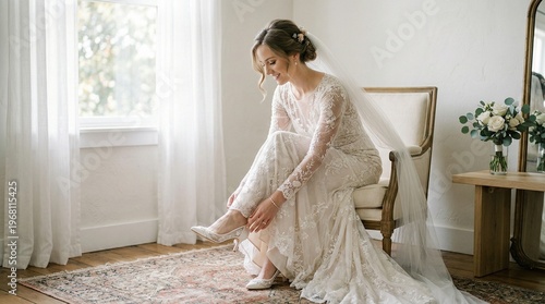Woman in white wedding dress sitting.