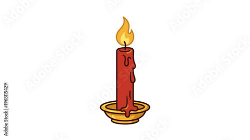 A lit red candle with a golden holder, its flame flickering and wax dripping, symbolizing light and warmth on a white background