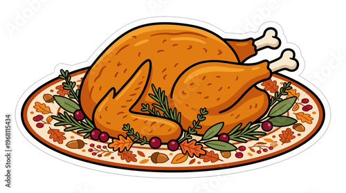 A beautifully roasted Thanksgiving turkey centerpiece garnished with autumn leaves and berries, perfect for holiday celebrations and festive gatherings