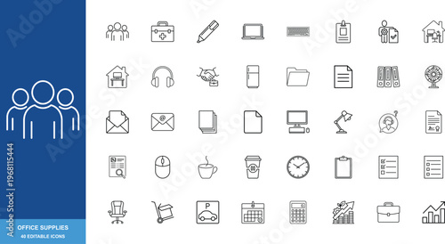 Minimalist office supplies icon set, 40 editable line icons for business and workplace, professional corporate stationery and equipment vector collection