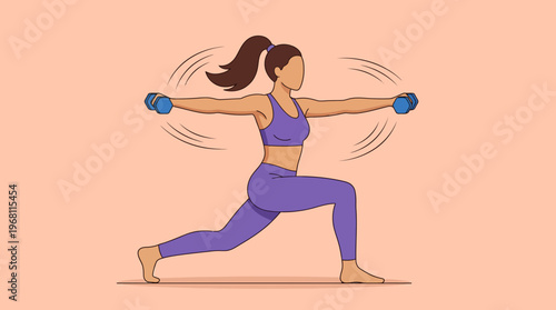 Dynamic strength training for women A determined woman performing lunges with dumbbells, focused on building muscle and improving overall physical fitness and well-being