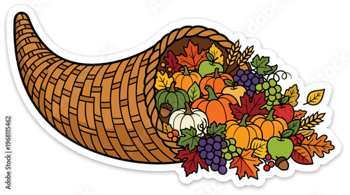 Colorful illustration of a traditional cornucopia filled with autumn harvest produce including pumpkins, apples, grapes, and fall leaves, symbolizing seasonal abundance