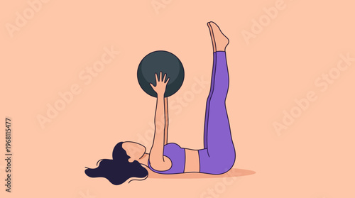 Woman performing a core strength exercise with a fitness ball, lying on her back with legs elevated, ideal for demonstrating a healthy and active lifestyle