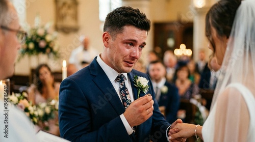 Man in blue suit holding white flower.