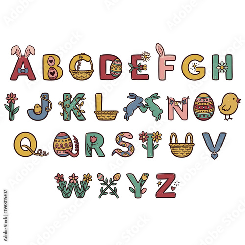 Decorative Easter Alphabet with Bunny Ears and Eggs Illustration