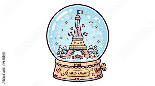 Charming Kawaii Snow Globe Featuring a Miniature Eiffel Tower Adorned with Festive Snowflakes and French Flags, Evoking a Dreamy Parisian Winter