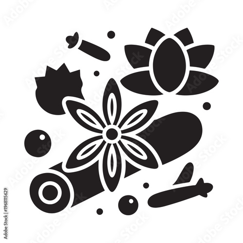Stylized black and white floral arrangement with lotus and other botanical elements