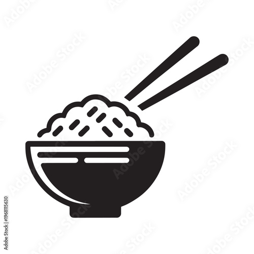 A simple black and white illustration of a bowl of rice with chopsticks
