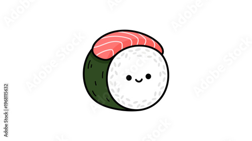 Adorable smiling sushi roll cartoon illustration. Features green seaweed, white rice, and pink topping. A cheerful character for playful food themes or charming graphic designs