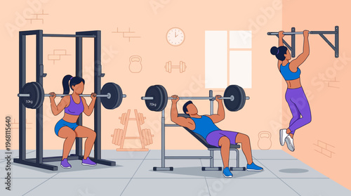 Diverse group of people engaging in fitness activities at a gym, including weightlifting and pull-ups