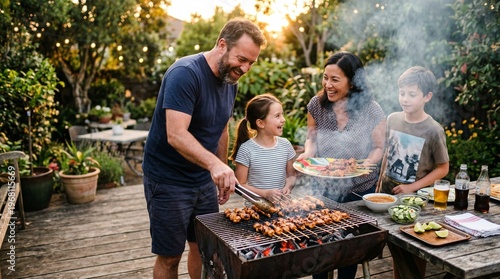 Man grilling with family outdoors.