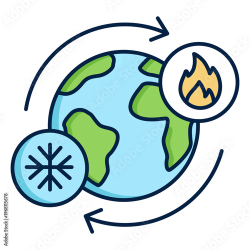 climate regulation icon, temperature extremes control with heat and cold indicators, balancing global climate conditions and seasonal environmental systems icon