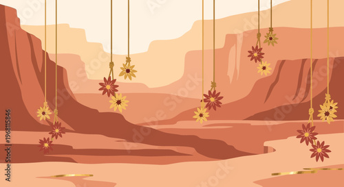 Desert Canyon Landscape with Hanging Flowers, Abstract Floral Decor