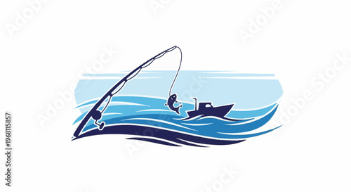 Stylized fishing boat reeling in a fish with a rod and reel