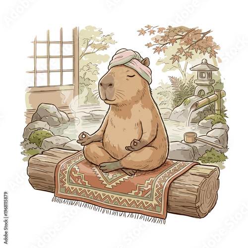 Capybara Meditating in Japanese Zen Garden Onsen Illustration