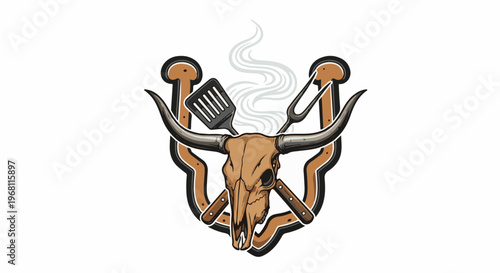 Steaming bull skull and grilling tools emblem