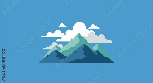 Stylized flat mountains with fluffy clouds on a clear blue sky