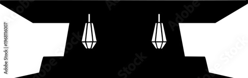 Industrial lighting fixtures hanging from ceiling, abstract geometric interior detail vector.