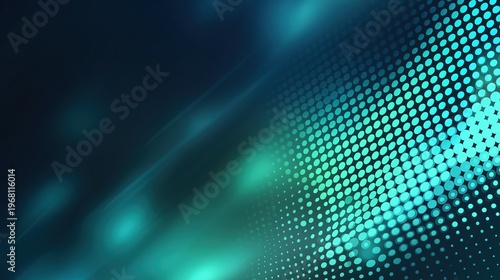 Modern abstract technological illustration featuring bokeh lights and halftone dots in blue-green shades. Flat vector design with cinematic lighting and sharp focus for digital banners or seamless pat