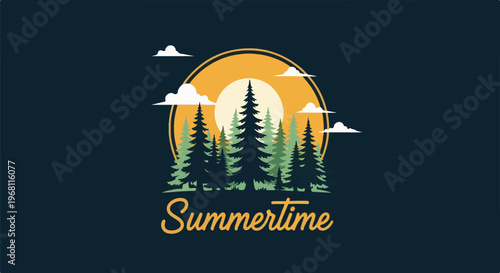 Stylized forest landscape with sun, clouds, and text "Summertime.
