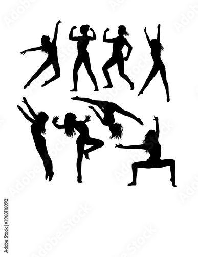 Dancing and jumping sport training silhouette. Black  female pose