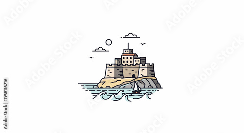 Stylized fortress on a rocky island, with a sailboat and wavy sea