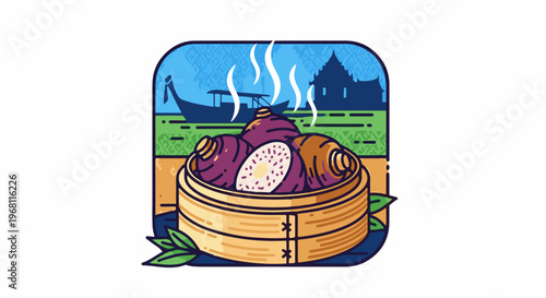 Steaming purple roots in a bamboo steamer, with boat and temple background